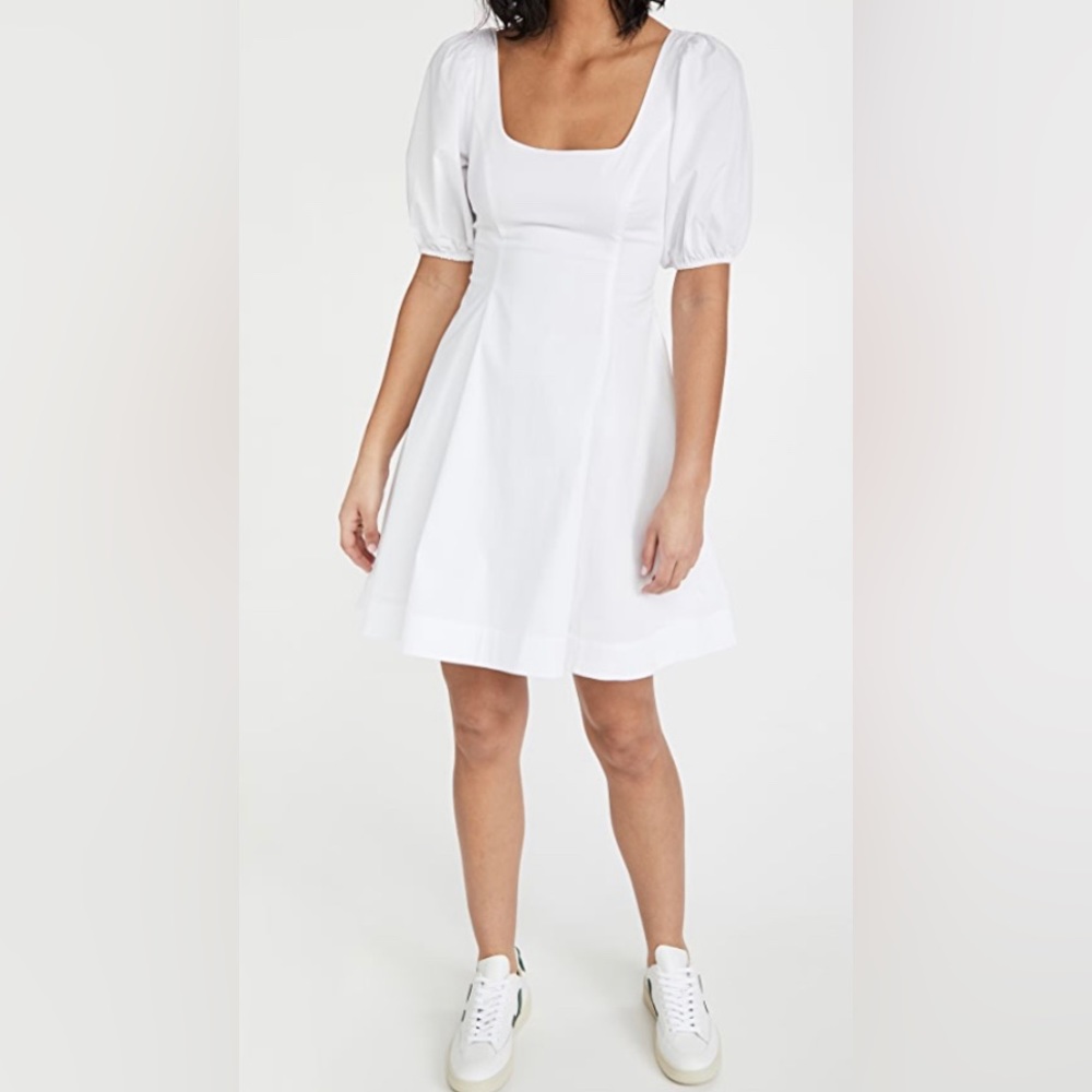 STAUD Laelia Poplin puff sleeve cotton stretch mini dress white size 2 EUC